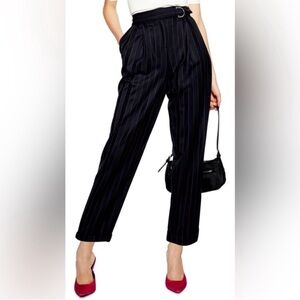 Topshop Pinstripe D-Ring Pleated Trousers Navy Sz 2